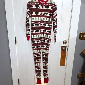 Lazy One Mens? One Piece Pajama Union Suit Button Up Back Flap Bears Trees S EUC